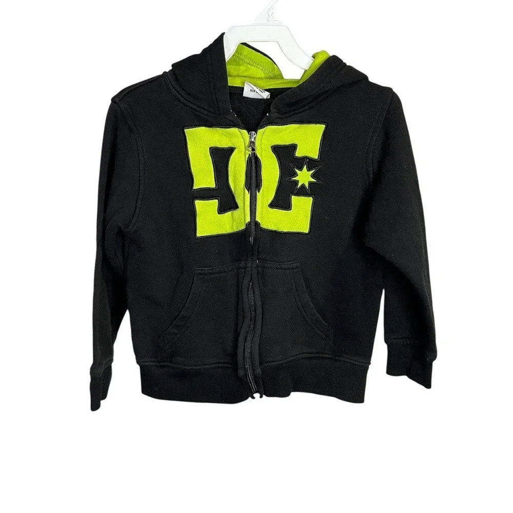 DC Shoes Boys Zip Up Hoodie Black Lime Green Logo Skate Sweatshirt Size 5